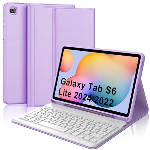 JADEMALL Coque Clavier pour Samsung Tab S6 Lite 2024/2022 10.4, AZERTY Français Clavier Bluetooth Détachable pour Samsung Galaxy Tab S6 Lite 10.4 2024, Violet Clair