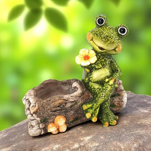 DARO DEKO Kunststein Garten-Figur Frosch mit Blume zum bepflanzen 38 x 36cm Dekofigur Pflanz-Skulptur Gartendeko