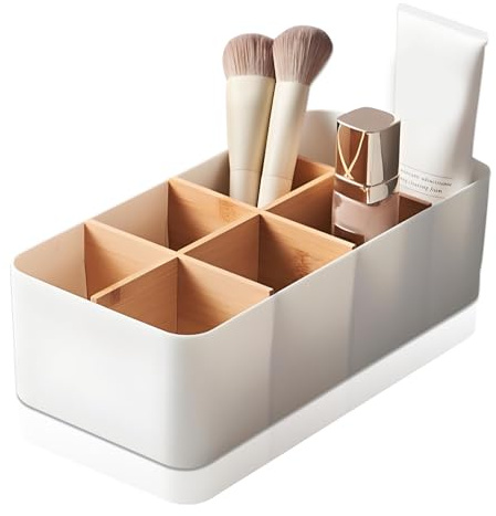 Schreibtisch Organizer, 8 Fächer Stiftehalter Büro Organizer Tischorganizer Stifte Aufbewahrung Bambus Aufbewahrungsbox Schreibtischzubehör für Bad Schlafzimmer und Büros Weiß