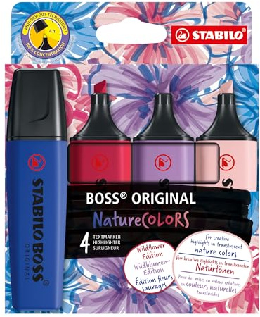 STABILO BOSS ORIGINAL - Evidenziatore - NatureCOLORS Wildflower - Astuccio da 4 - Cipria/Blu elettrico/Giglio Viola/Borgogna