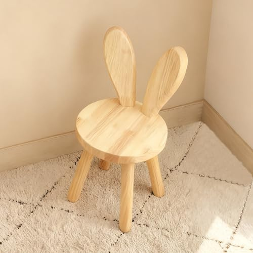 Sgabello Bambini in legno dai 3 anni in su, in legno massiccio, sedia bambini per cameretta dei bambini, 45 x 26 cm, con orecchie di coniglio, schienale per bambini, in legno, per mangiare, leggere