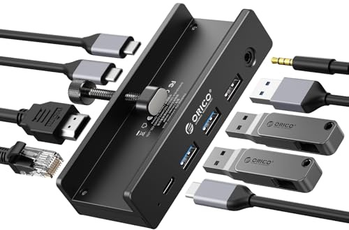 ORICO Estación de Acoplamiento con Clip, Hub USB-C 8 en 1 con HDMI 4K@60Hz, PD 100W, Ethernet Gigabit, 4xUSB, AUX, 10Gbps | para Portátil, MacBook, PC (Adaptador no Incluido)