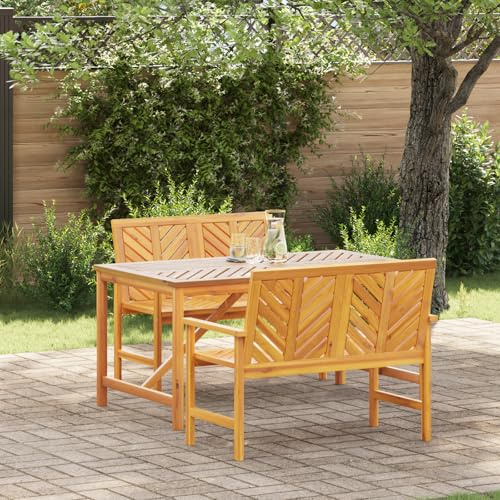 IBUQDDV 3-teilige Garten Essgruppe aus massivem Akazienholz mit rechteckigem Tisch und Zwei Bänken für 6 Personen, wetterfestes Outdoor Möbel Set für Terrasse und Gartenbereich,