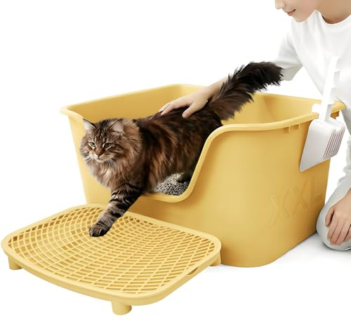 LEEJARD XXL Katzenklo Groß offene Katzentoilette (97L) – 65x45x33 cm Mit Hohem Rand, Auslaufsicherer Matte & Schaufel – Leicht Zu Reinigen, Geeignet Für Große Und Mehrere Katzen. Gelb