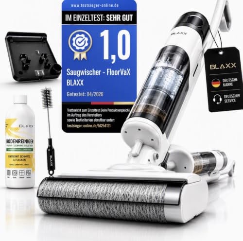 BLAXX FloorVaX Nass-Trockensauger 20.000 Pa | 40 Min. | Saugwischer | 180° Lay-Flat | Selbstreinigung | Anti-Tangle 450 U/min | 2600 mAh bis 200 m² | 800+450 ml Tank | Tierhaare & Hartböden
