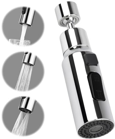 3 Function Kitchen Tap Spray Head Attachment for Sink | 360° Swivel Tap Extender, Aerated Stream, Replacement Sprayer, Premium Brass, ABS, Anti-corrosion