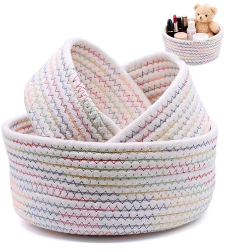 PWGHWG 3er Set Aufbewahrungskorb Geflochten Baumwollseil Körbe Aufbewahrung | 3 Größen Stapelbare Aufbewahrungskörbe Runde Organizer Körbchen für Schlafzimmer Wohnzimmer Deko (Farbe)