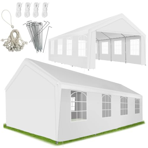 tectake® Tonnelle de Jardin imperméable 8x4 m, Pavillon de Jardin avec système d'emboîtage Solide et résistant, Panneaux latéraux Amovibles, Cordes de Serrage et Piquets, Protection Anti-UV - Blanc