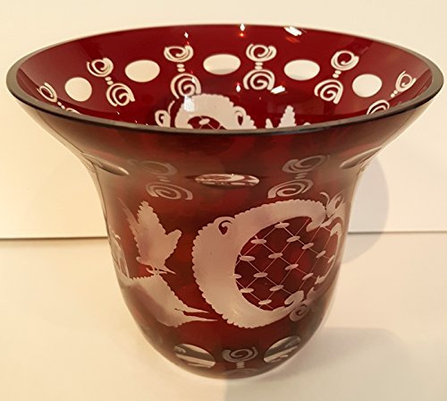 Egermann cáscara de cristal antiguo bowl de vidrio soplado a boca y corte de la mano antigua Bohemiaen colour rojo y claro escudilla de cristal con cierre Egermann Altura 13 cm apertura 15 cm