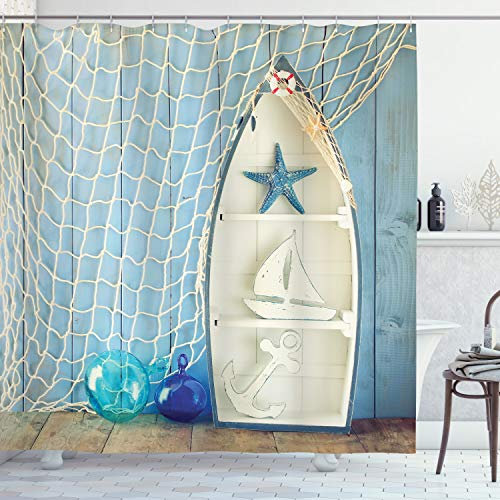 ABAKUHAUS Nautisch Duschvorhang, Marine Seestern, Stoffliches Gewebe Badezimmerdekorationsset mit Haken, 175 x 180 cm, Blau