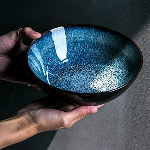DWW Grandi Ciotole in Ceramica Ramen con Smalto Blu, Udon, Zuppa, Pasta, Elegante Scodella da Cucina, Cucina, for Lavastoviglie, Mobile for Disinfezione, Microonde