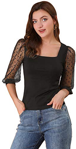 Allegra K Women's Retro Square Neck Tops Slim Fit Semi Sheer 3/4 Mesh Sleeve Top, Black, L