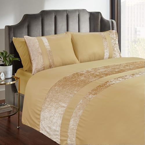 Casabella Luxury Crushed Velvet Panel Band Duvet Cover Sets with Pillow Case King Size Duvet Cover Bedding Set – Beige Crush Velvet King Duvet Cover Sets