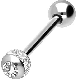 PIERCINGLINE Chirurgenstahl Barbell EPOXYRING KUGEL + KRISTALL Piercing Stab Brust Zunge Silberfarben Kristallklar 16 mm