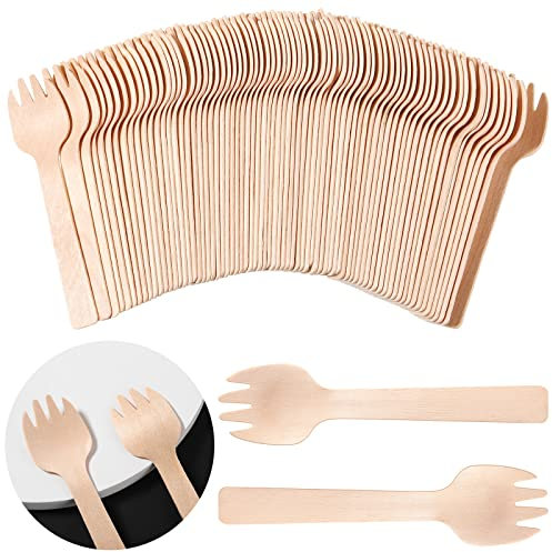 Honoson 300 Pcs Disposable Wooden Forks Small Appetizer Sporks Bulk Cutlery Mini Utensils Cake Fork for Carnival Birthday Party Supplies, 4 Inches