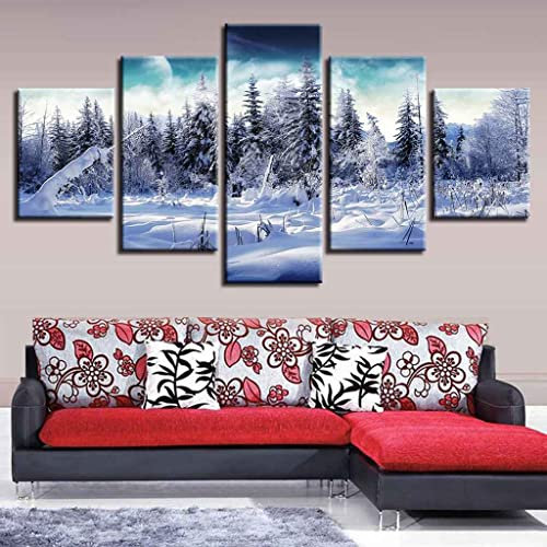 JBUTXE 5-teiliges Wandbild, Winter-Kiefernwald-Schneeszene Kunstdruck auf Leinwand 5 aufeinanderfolgende Gemälde HD Poster Kunst Wanddekoration Moderne Dekoration für Zuhause 150x80cm (B x H)