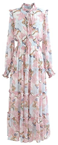 CHICWISH Damen Rosa Lilie Floral Blossom Selbstgebunden V-Ausschnitt Chiffon Maxikleid, rose, Mittel