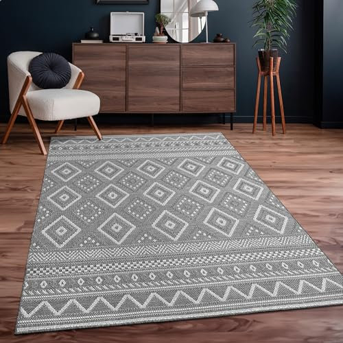 Paco Home Outdoor Teppich Flachgewebe Modern Boho-Style wetterfest & UV-beständig Ideal für Terrasse Balkon Wohnzimmer & Küche, Grösse:160x220 cm, Farbe:Grau 2