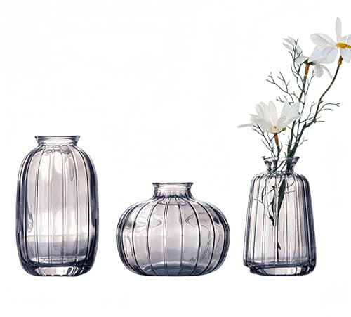 KMERCE Vasen 3er-Set Kleine Blumenvasen aus Glas Grau, Mini-Vasen Glasfläschchen, Moderne Home Decor, Vasen Decor für Tischmitte, Hochzeit, Schlafzimmer, Taufe, Geburtstag, Geschenk zum Muttertag