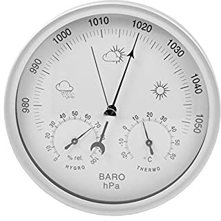 Tuzsocr Barometrisches Thermometer, 3 in 1 Wetterstation für Innen und Außen, Barometer mit Skala, Luftdruckmessung, leicht ablesbar, Edelstahlrahmen (Silber)
