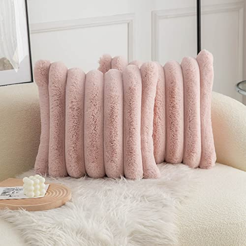 Neelvin 2er Set Plüsch Kissenhülle Kunstpelz Gemütliche Weiche Gestreifte Dekorative Kissenbezug Kissenbezüge Dekokissen Zierkissenbezug Sofakissen Pink 60x60 cm für Sofa Schlafzimmer