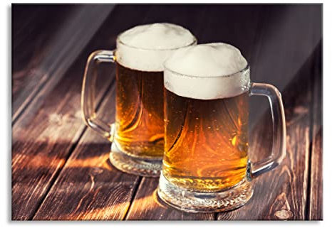 Pixxprint Tableau sur verre | Tableau mural en verre véritable | Deux cruches de bière | 80 x 60 cm | Avec suspension et entretoises
