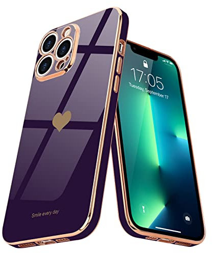 Teageo for iPhone 13 Pro Case Cute Heart Pattern for Women Girls Slim Luxury Bling Plating Soft TPU Anti-Scratch Shockproof Bumper Phone Case for iPhone 13 Pro, Dark Purple