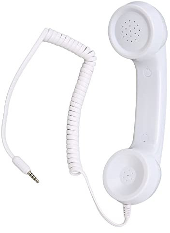 Retro Phone Handset, 3.5mm Telephone Handset Cell Phone Receiver Mic Microphone for Cellphone Smartphone, with Answer Button, Sound Switch (White)