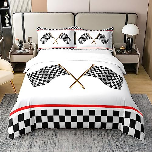 richhome Rennwagen Karierte Flagge 100% Natur Baumwolle Bettwäsche Set 135x200 Kart Racing Speed Sport Bettbezug mit 1 Kissen Sham Schwarz Weiß Rot Trösterbezug Set