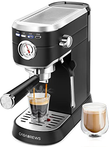 CASABREWS - Máquina de café espresso de 20 barras, acero inoxidable, con espumador de leche, compacta, ideal para hogar u oficina, 34 onzas, negro