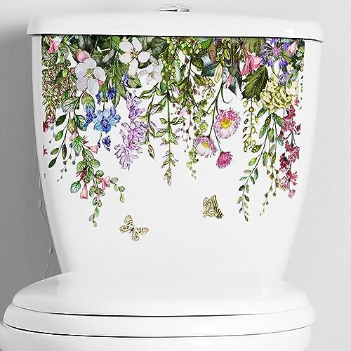 ZOHIKO Floral Plant Leaves Toilet Lid Stickers, Removable Vinyl Botanical Flower Toilet Seat Cover Decal, Self-Adhesive Bathroom Wall Sticker Green Leaf Floral Toilet Lid Decals