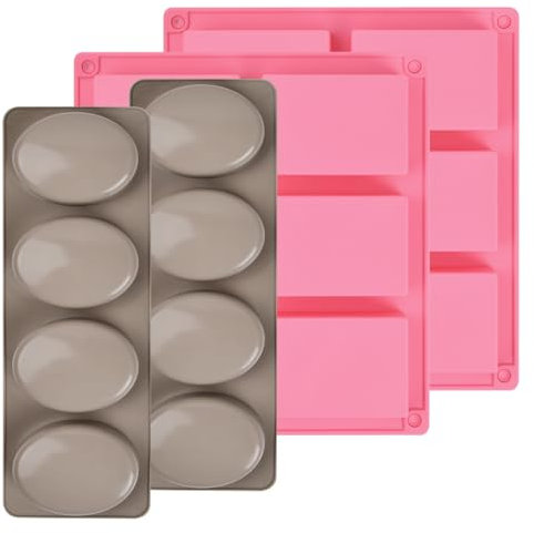 Moldes de Silicona para Jabones, Rectangular, Ovalada, Moldes para Hacer Jabón, Moldes de Jabones Artesanales, Bandejas 6 Cavidades para Fabricación pasteles pan muffins (Paquete de 4, Rosa+Marrón)