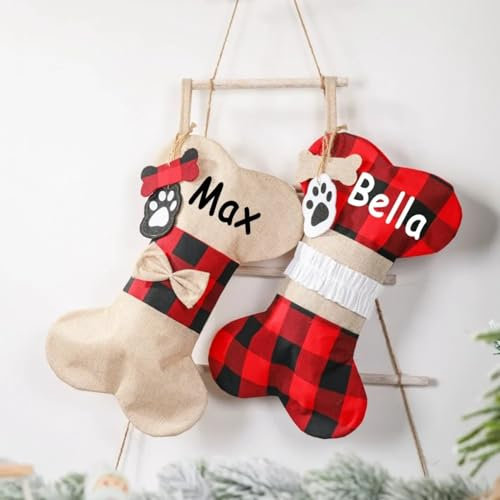XEL Weihnachtsstrümpfe, personalisierbar, personalisierter Name, Weihnachtsstrumpf, für Hunde, Katzen, Haustierpfote, große Knochenform, Weihnachtsstrümpfe, Weihnachtsdekoration, Kamin, hängende
