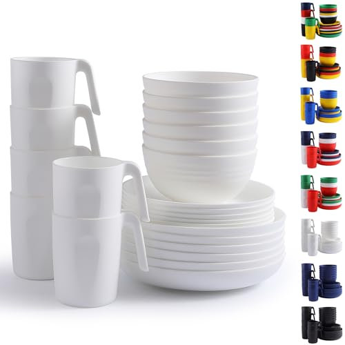 Berglander Weißes Plastikgeschirr Sets 24 teiliger für 6 Personen, wiederverwendbare Teller und Schüsseln mit Speisetellern, Desserttellern, Müslischalen, Tassen für Zuhause, Garten, Picknick