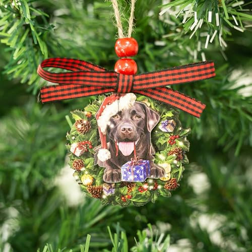 Talataca Schokoladen-Labrador Retriever 2 Schichten Holz Weihnachten Ornament, Labrador Weihnachtskranz Kiefer Baum Dekor, Hängende Haus Charme Eve Andenken, Holz Auto Spiegel Zubehör,