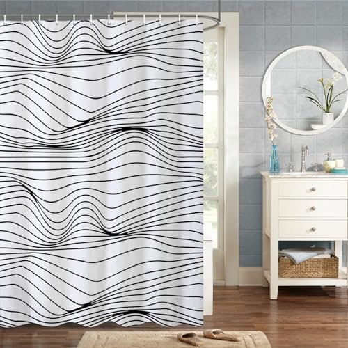 MIRRORANG 105x160cm L'Abstraction Moderne Rideau De Douche Noir et Blanc Dessin Au Trait Entrelacé Rideau De Douche pour Salle De Bain Tissu Polyester Imperméable Ensemble avec Crochets