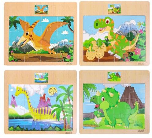 ACQUWISTACH 12 Pieces Colourful Wooden Dinosaur Puzzle Educational Wooden Puzzle Set for 2-5 Years（4 Puzzles）