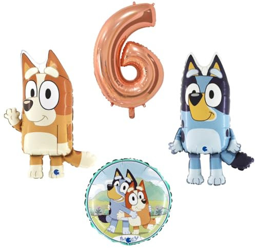 4 teiliges Ballonset mit Bluey und Bingo einer Ballonzahl mit der Nummer 6 in Rosegold und ein runder Ballon