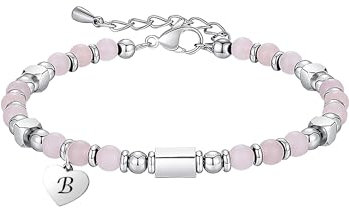 HAYOUWAY 4mm Rosenquarz Edelstein Armband Damen Mädchen mit Buchstaben Charm Heilsteine Armband, Naturstein Armbänder Geschenke für Frauen Mädchen Beste Freundin Geburtstag, Chakra Perlenarmband Damen