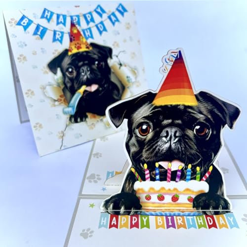 Momapopup 3D-Pop-Up-Geburtstagskarte mit Mops-Motiv, niedlicher Mops mit Kuchenfeier, skurriler Happy Birthday Gruß für Hundeliebhaber