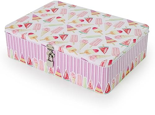 Aoneky Vintage Scatola Portaoggetti in Metallo con Serratura - Contenitore per Medicinali, Foto e File per Tavolo o Armadio - Scatola Rettangolare Decorativa in Latta, 30,4 x 22,8 x 8,6 cm (Rosa)