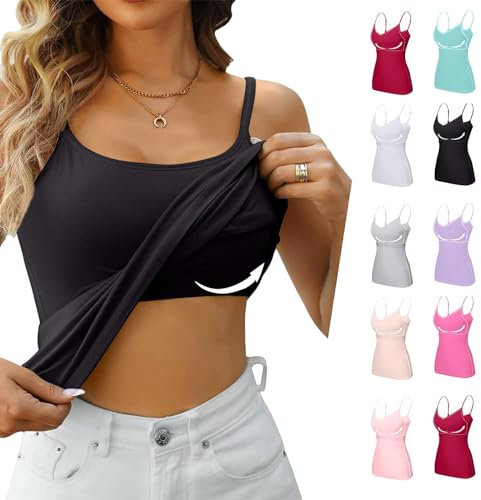 BH Hemden Damen Baumwolle Tanktop Mit Integriertem BH Shirt Ärmelloses Sportshirt Unterhemden Spaghettiträger Schwarz