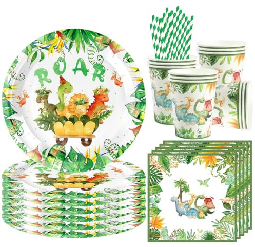68 Pcs Dinosaurio Vajilla Para Fiesta, Vajilla de Cumpleaños de Dino, Dinosaurio Decoracion Cumpleaños Niños Incluye Platos Ttazas Servilletas