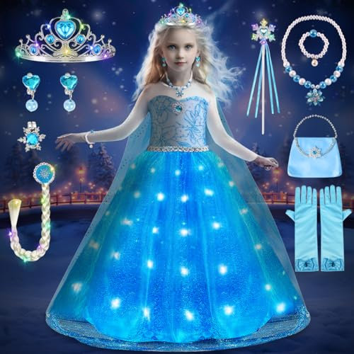 COYBTO Robe Princesse Fille, LED Robe Reine des Neiges Anna avec Perruque Lumineuse Couronne Princesse Ensemble, Deguisement Princesse Elsa, Robe de Princesse Elsa pour Carnaval