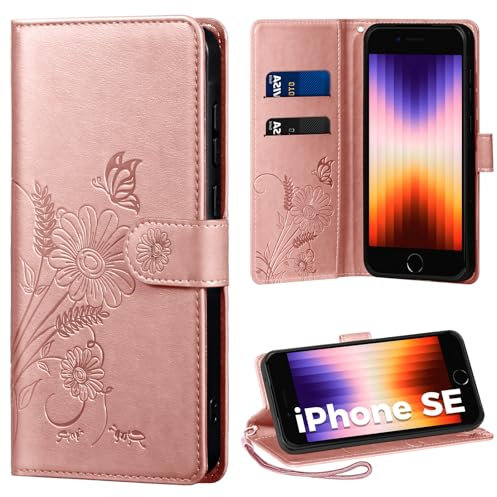 Handyhülle für iPhone SE/7/8 Hülle, Schutzhülle für iPhone SE 2022 PU Lederhülle Tasche Flip Case Kartensteckplätzen Klapphülle Kompatibel mit iPhone SE 2020 Hülle, Rosa