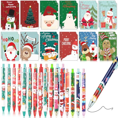 Nezyo 24 Sets Mini Weihnachten Notizbücher und Kugelschreiber, 12 Stile | Notizblöcke, Mit Schwarz Tinte Stiften, Weihnachtsmann, Schneemann, Schneeflocken Muster, Klein Geschenke für Weihnachtsfeier