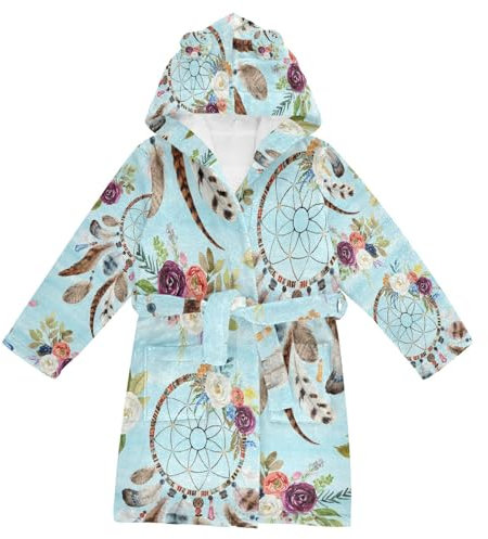 YOUJUNER Kinder-Bademantel mit Kapuze, Feder, Traumfänger, für Mädchen und Jungen, weicher Plüsch, Nachtwäsche, saugfähig, Pyjama, Nachthemd, mehrfarbig, 4-6 Years