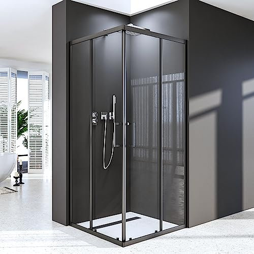Duschkabine 100x100cm Schwarz Duschabtrennung Eckeinstieg Doppel Schiebetür Dusche Duschwand 6mm ESG Glas Höhe 185cm Duschtür