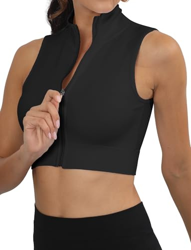 SEAUR Sport Crop Top Damen Ärmellos Reißverschluss Tank Top Stehkragen Eng Kurz Oberteil Slim Fit für Gym Fitness Workout S-L