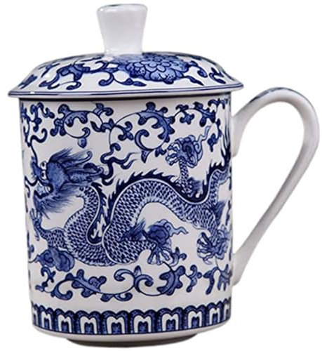 Chinese Tea Cups, 500ml Large Capacity Ceramic Blue and White Tea Mug with Lid and Handle for Loose Leaf Home Office, Ceramic Mug with Lid